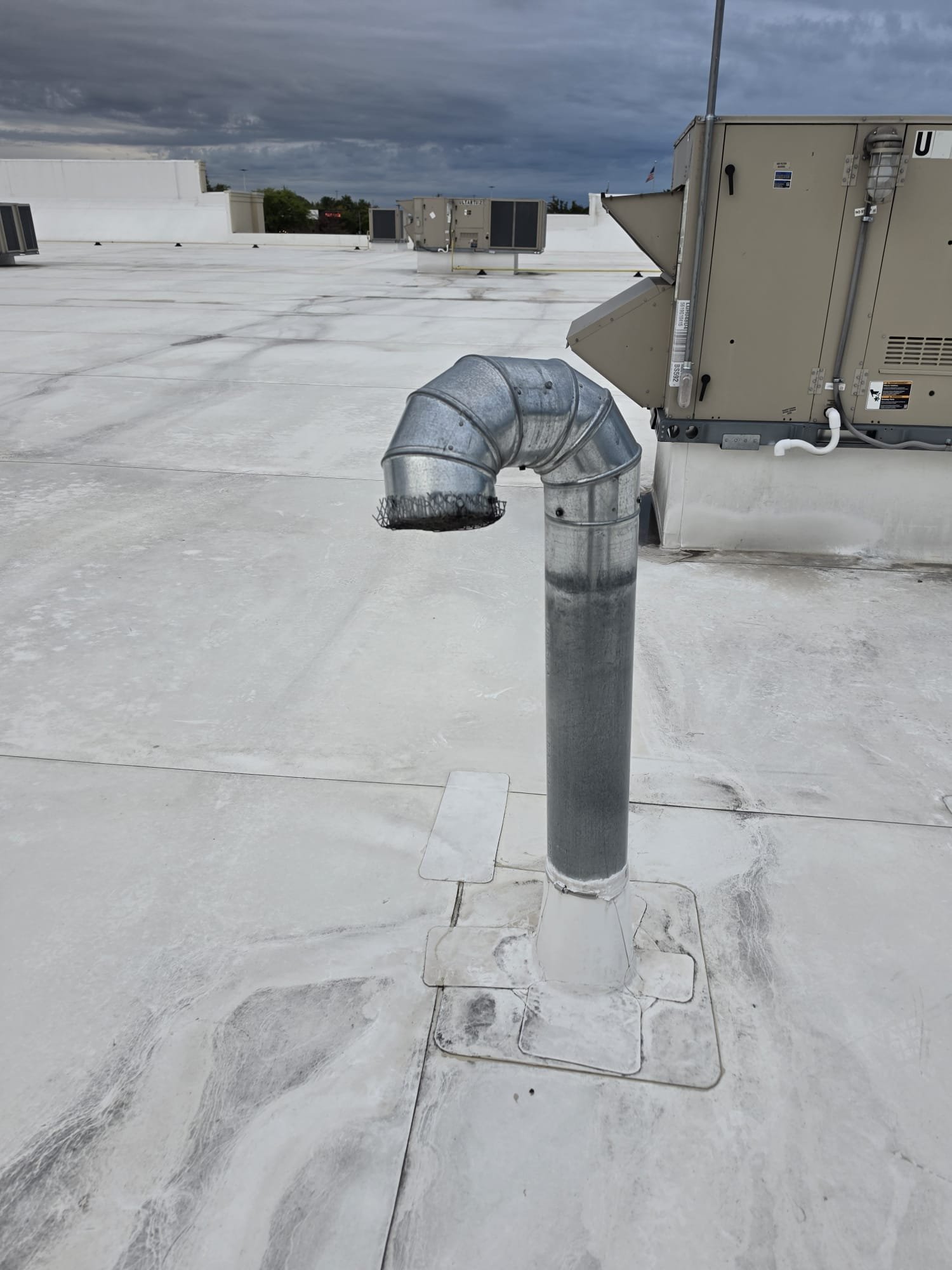 Commercial rooftop dryer vent clogged with screen