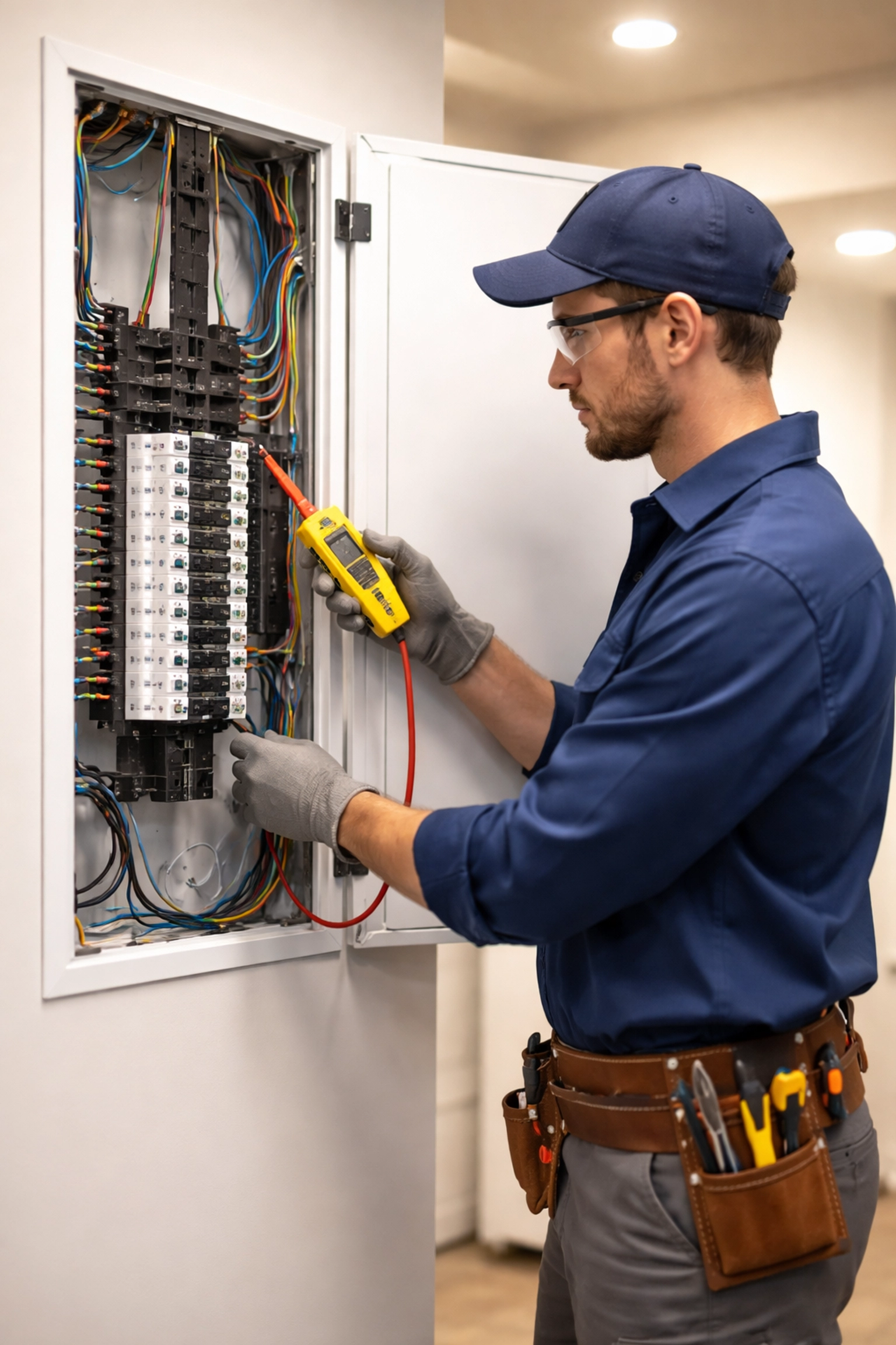 Electrician testing an electrical panel with a meter