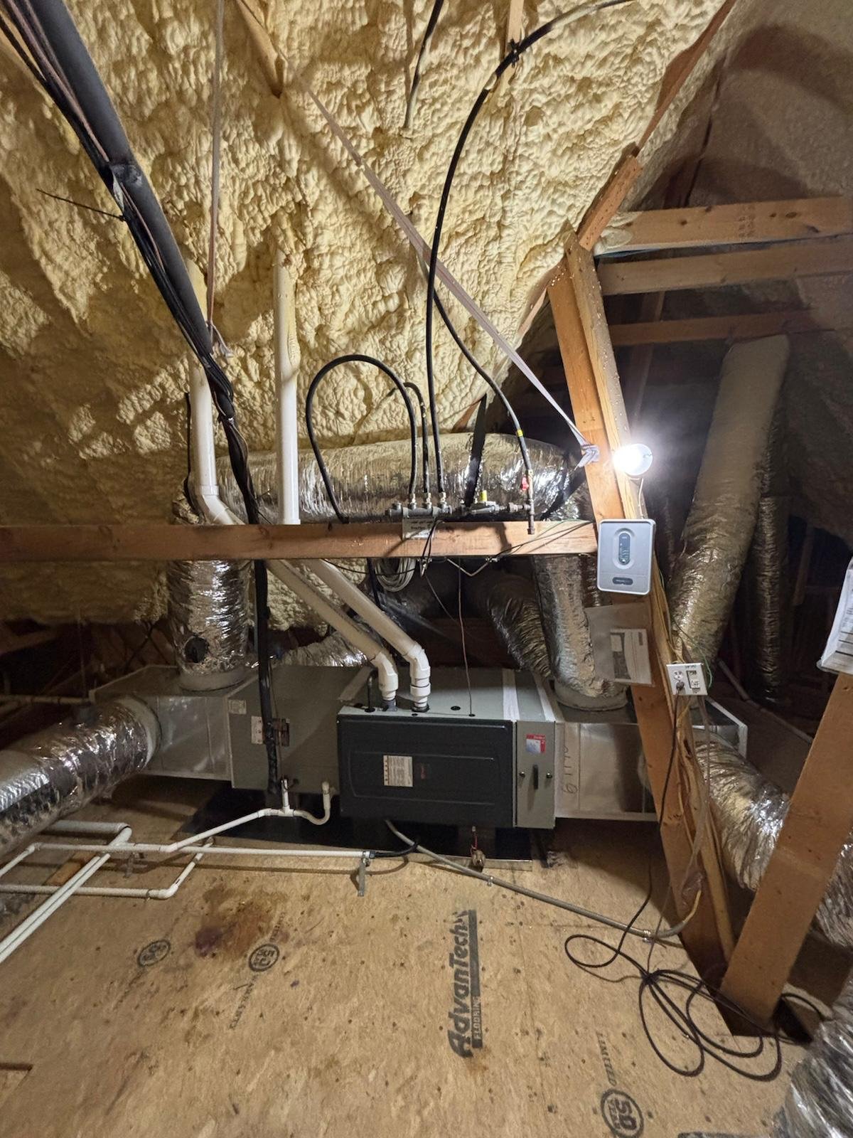 Complete HVAC system installed in a spray-foam attic