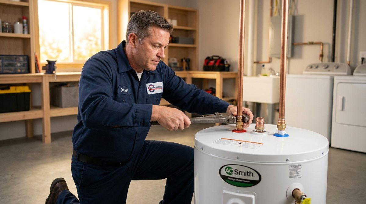 Plumber servicing a water heater